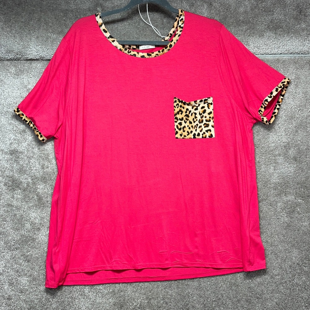 e.Luna Womens Top Size 2X Hot Pink Leopard Print Trim Oversized‎ Pocket Tee USA